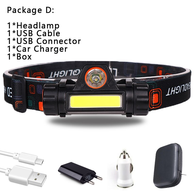 USB port frontal headlamp flashlight Head Light lamp Rechargeable 2modes COB +XPE powerful with battery Lamp Torches running: D