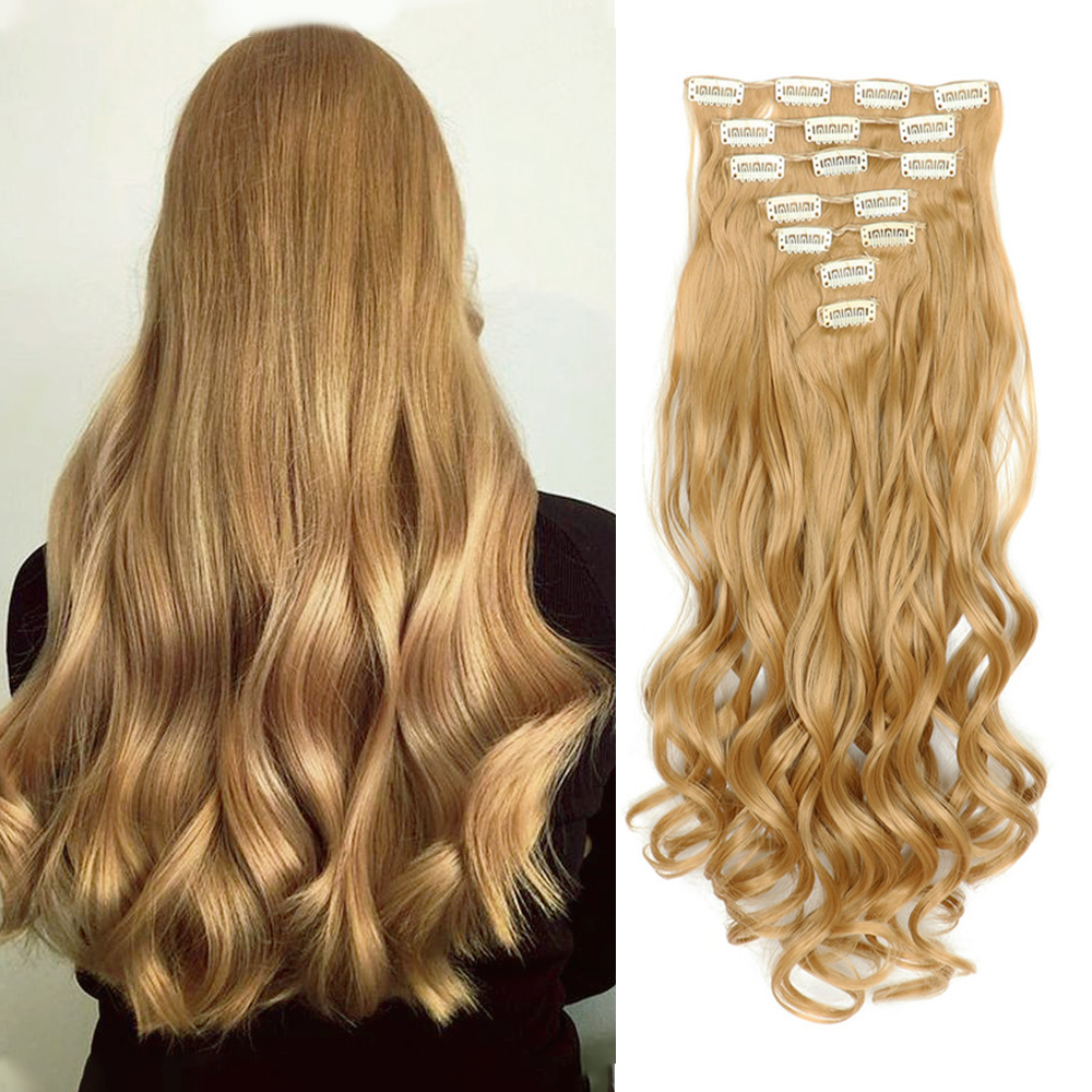 Extensiones de cabello con Clip, 7 Uds., cabeza completa, 22 pulgadas de largo, rizado, ondulado, sintético, Ondulado Natural para mujeres y niñas: #27