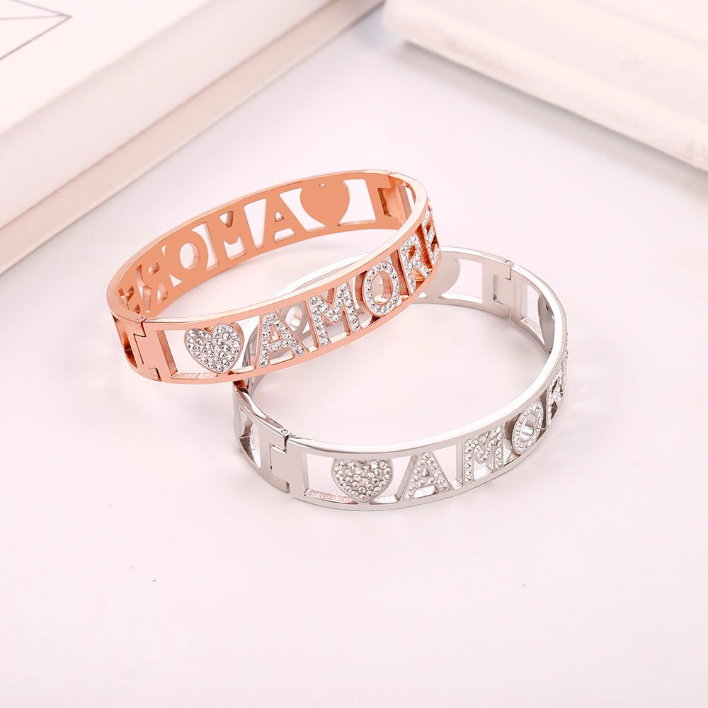 Bijoux en acier inoxydable pour femmes, bracelet large, cristal blanc, lettres cœur, manchette romaine épaisse, , nouveauté