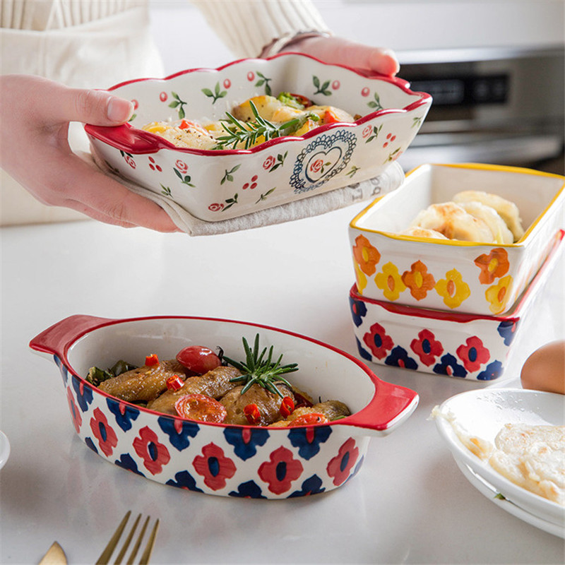 Ceramic Baking Dish Roasting Lasagna Pan Rectangular Dish Bakeware with Handle Microwave Hand-painted Dessert Plate