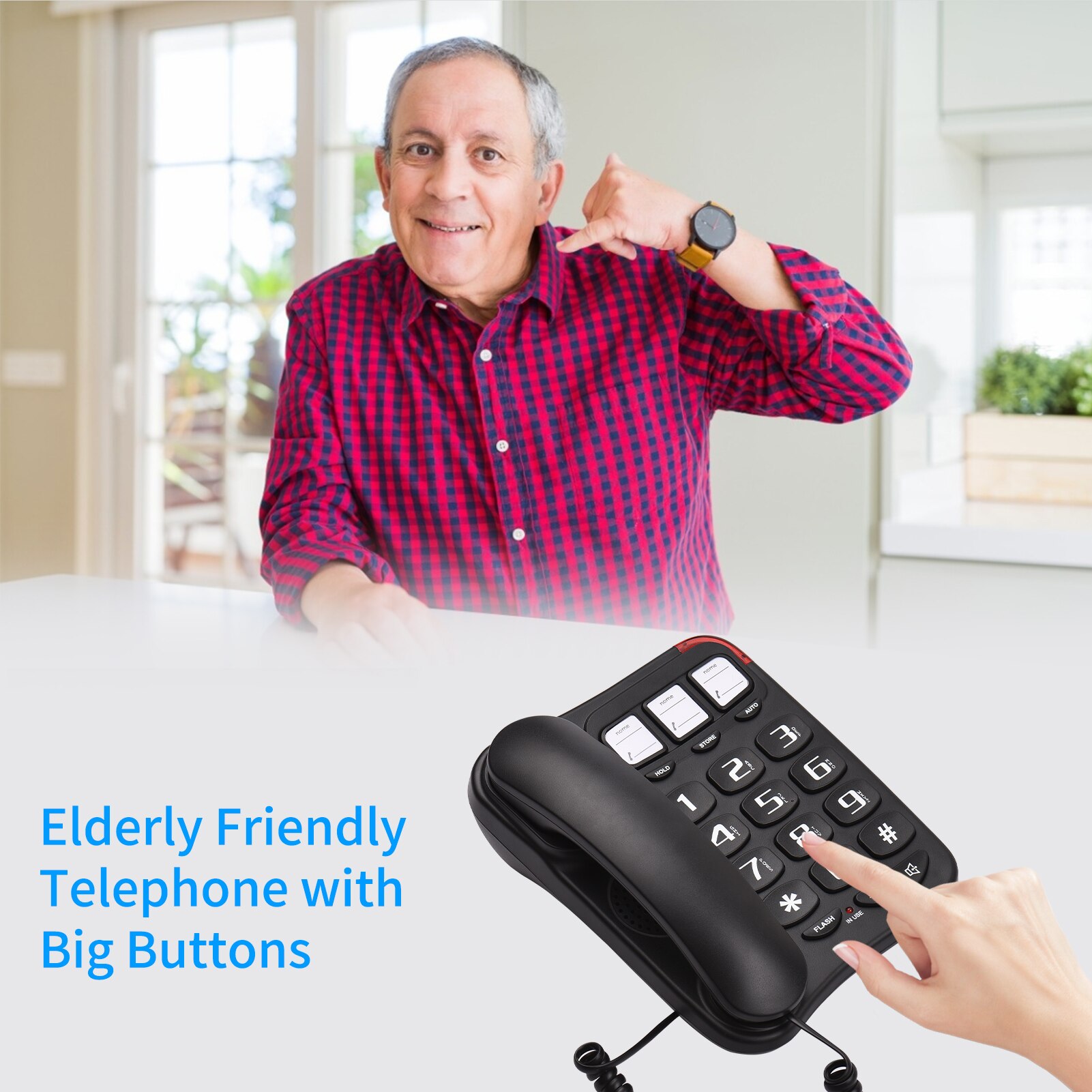 Black Corded Phone with Big Button Desk Landline Phone Wall Mountable Telephone Hands-Free/Redial/Flash/Speed Dial/ for Office