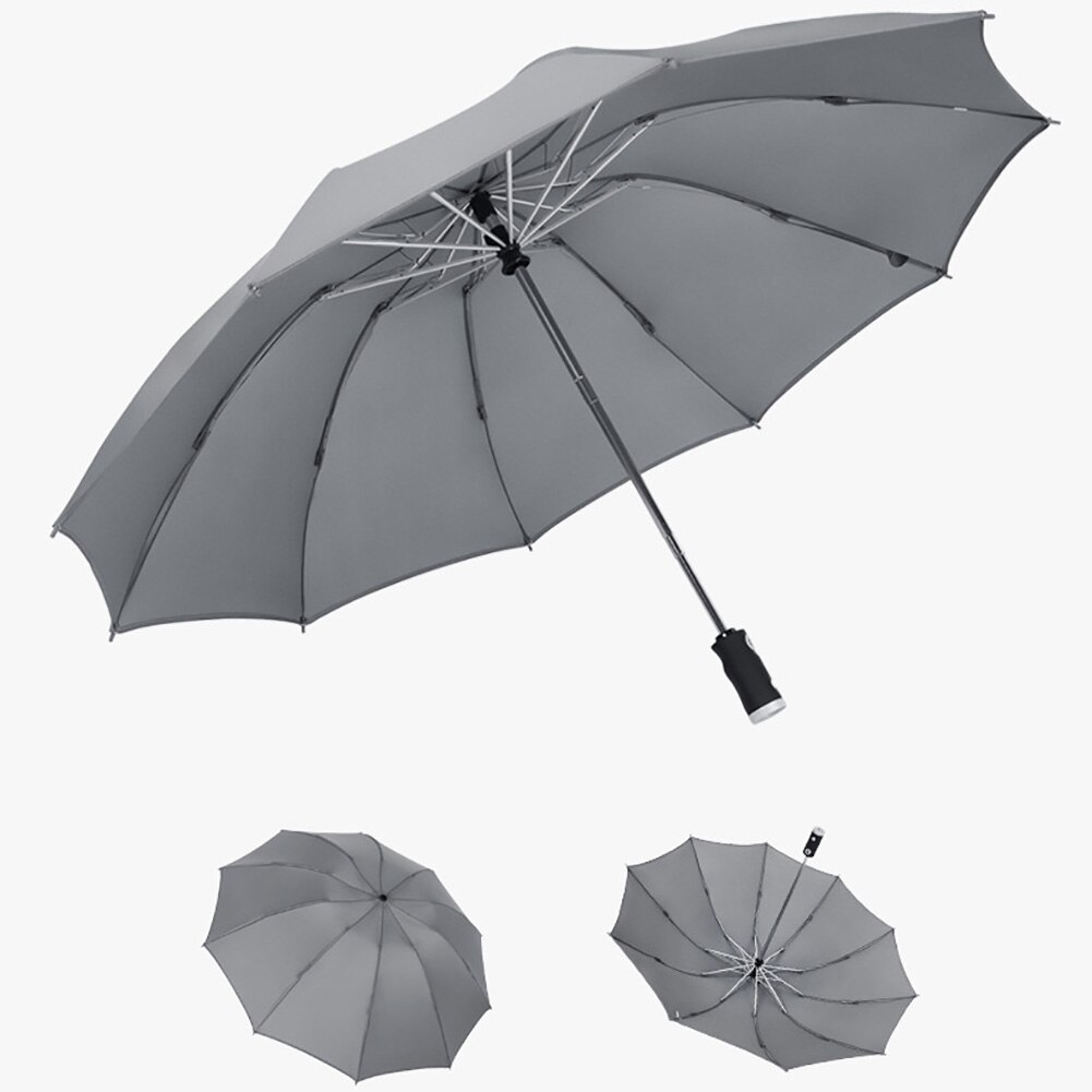Three-fold Automatic Reverse Umbrella Portable Folding Waterproof Reflective Edge LED Light Sun Block Umbrella Parasol: Grey