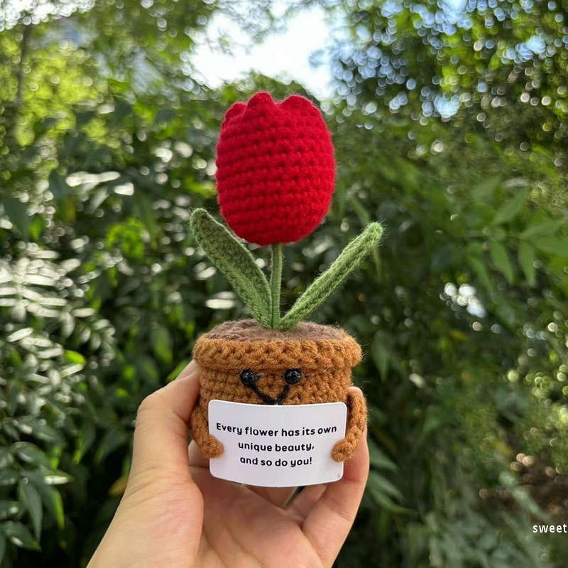 Flor de ganchillo hecha a mano, adorno de lana tejido en maceta de girasol, decoración divertida para aliviar el estrés con tarjeta positiva
