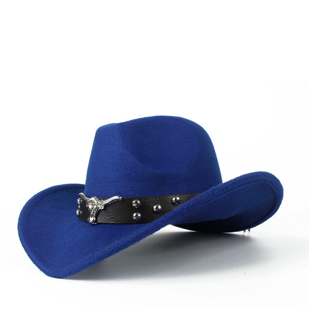 Women Men Wool Hollow Western Cowboy Hat With Tauren Belt Outback Jazz Toca Sombrero Cap Size 56-58CM: Blue