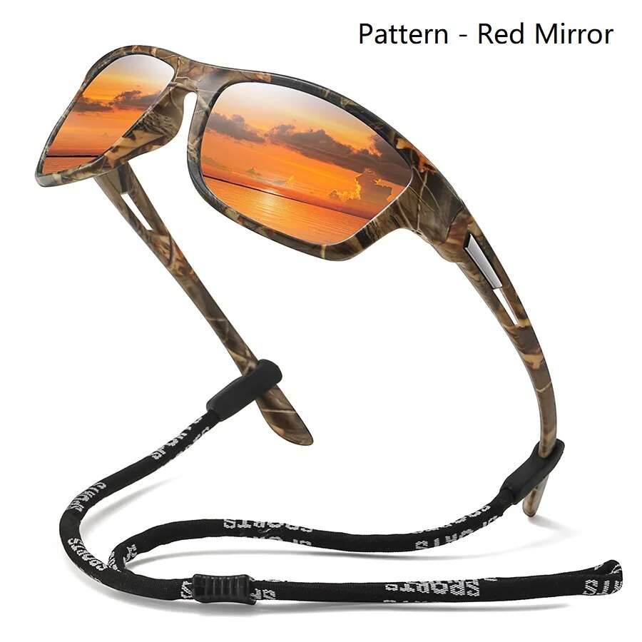 Gafas de sol polarizadas con patrón de camuflaje para hombre y mujer, lentes de sol deportivas con cadena, para ciclismo, escalada, esquí, UV400: Rojo