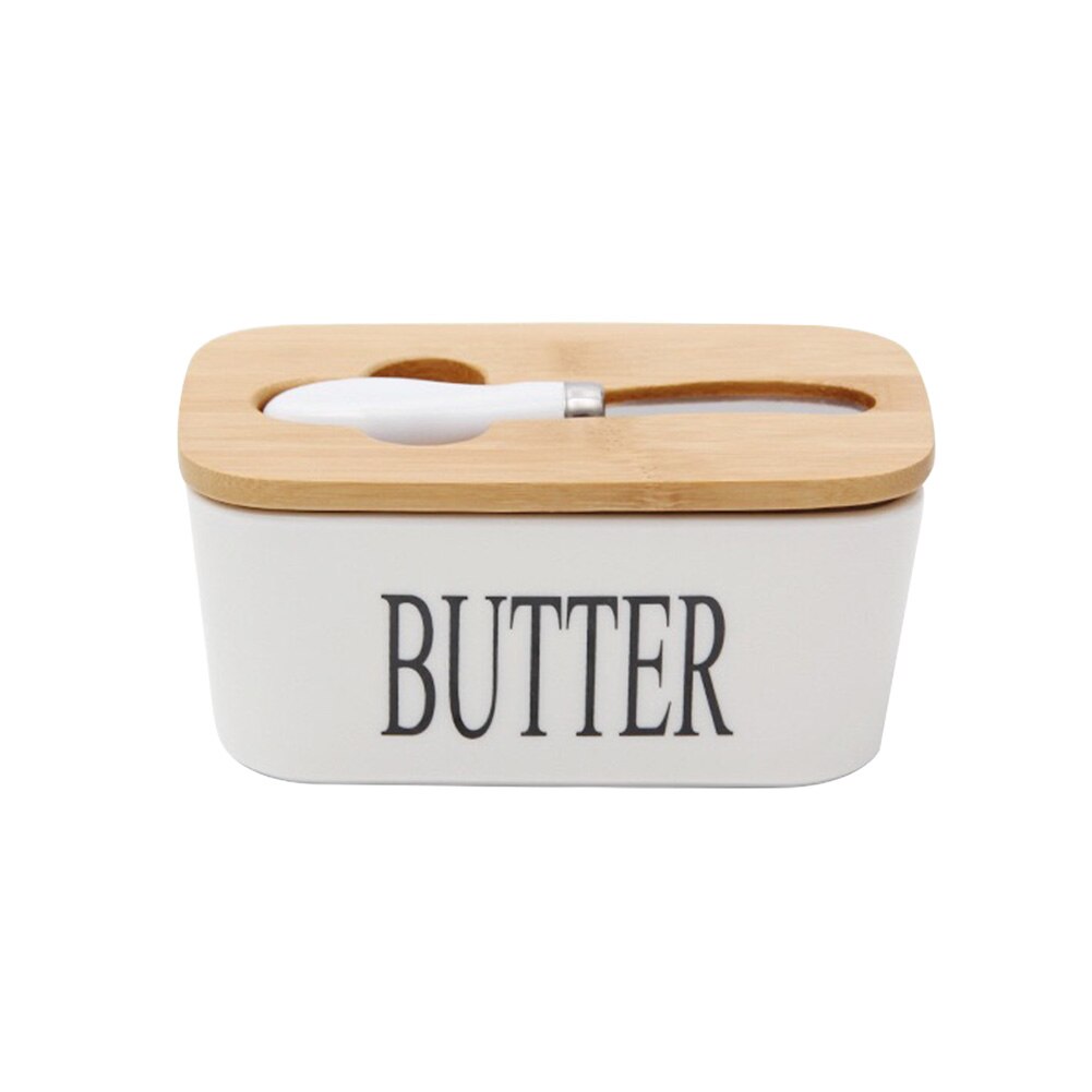 Sealing Kitchen Keeper Ceramic Nordic Style Plate Tool Container Dish With Wood Lid Cheese Food Butter Box Storage Tray