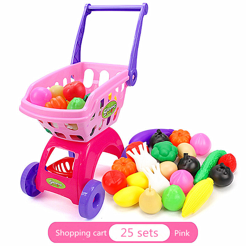25Pcs Kids Shopping Cart Toy Supermarket Trolley Groceries Cart Play House Kitchen Toy Set Simulation Fruit and Vegetable Toys