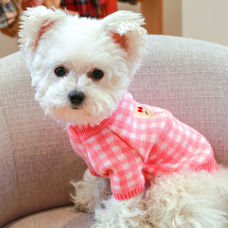Ropa de invierno para mascotas, suéter a cuadros para clima frío, traje de punto para perros pequeños con patrón de conejo de azúcar, suéteres para perros, XS-XL