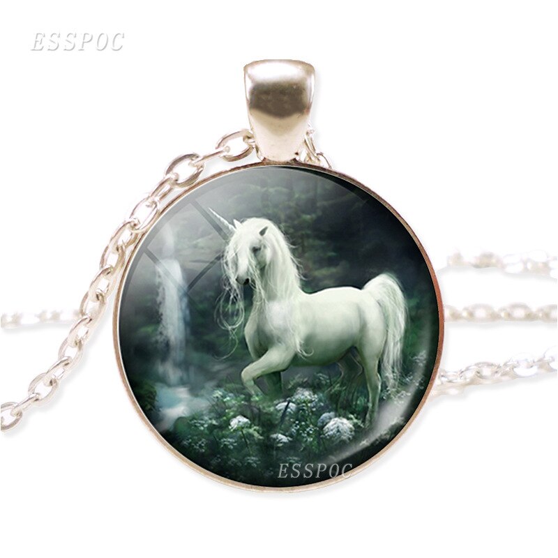 NPKDS di Modo Nuovo Collana In Lega di Zinco di Vetro Del Pendente Rotondo. Unicorn Tempo Gioiello Della Catena Del Maglione Preferito Regalo Di Compleanno: Icefall Unicorn