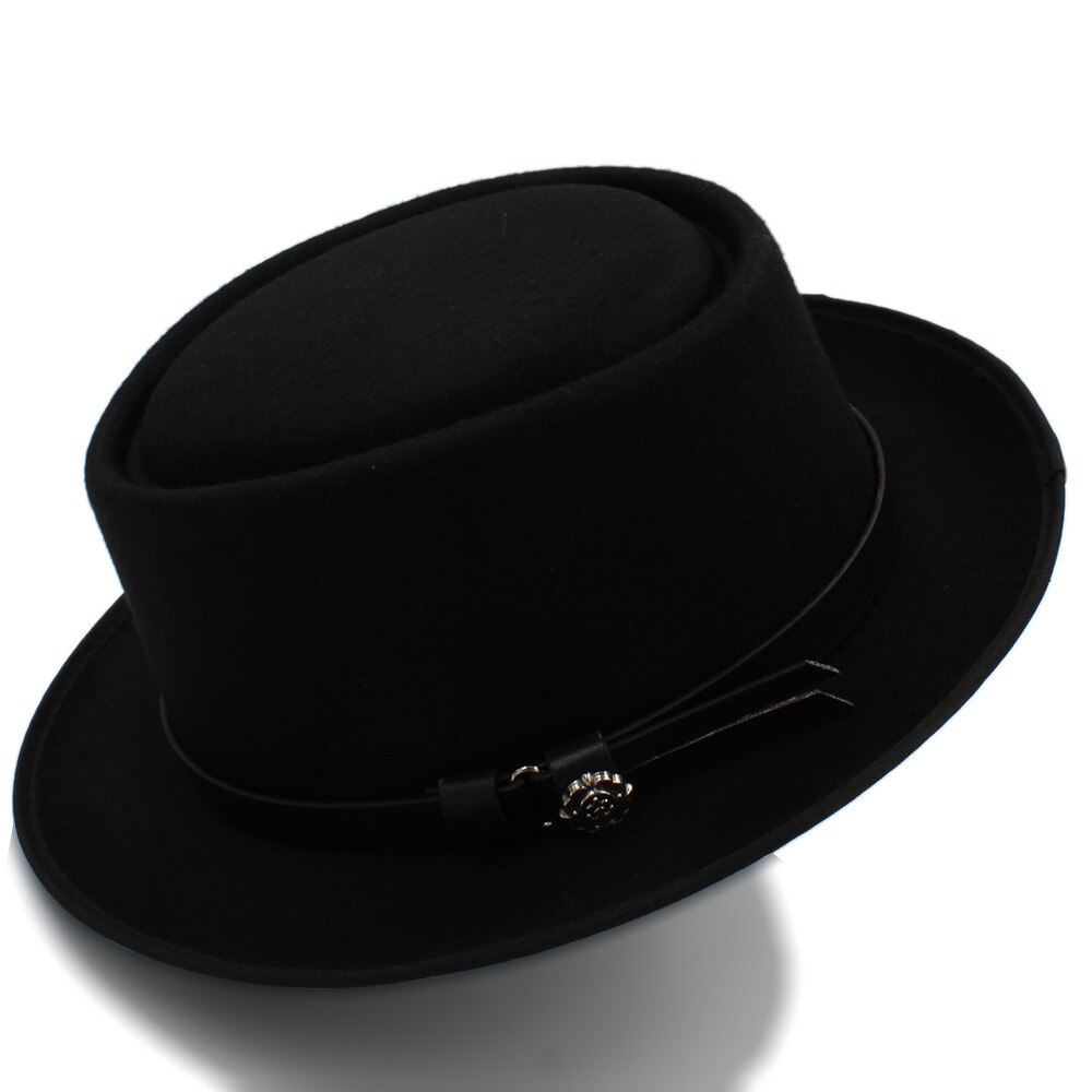 Women's Fedora Hat with Pork Pie Hat for Lady Church Wool Felt Hat Gambler Panama Trilby Hat Size 58cm: Black