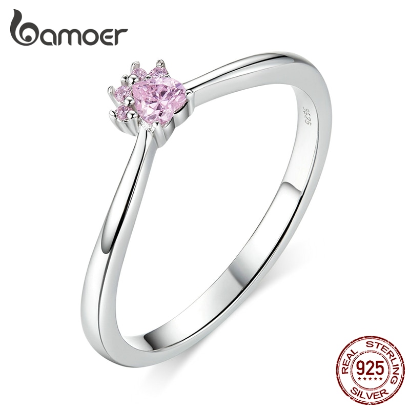 Bamoer real 100% 925 prata esterlina clássico cão pata rosa claro cz anéis de dedo para mulher prata esterlina jóias scr628
