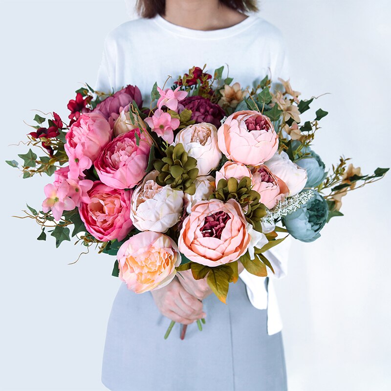 13 grener små ferske, kunstig silkepionbuketter store blomster til bryllupsfest kontorhotell og hjemmedekorasjon
