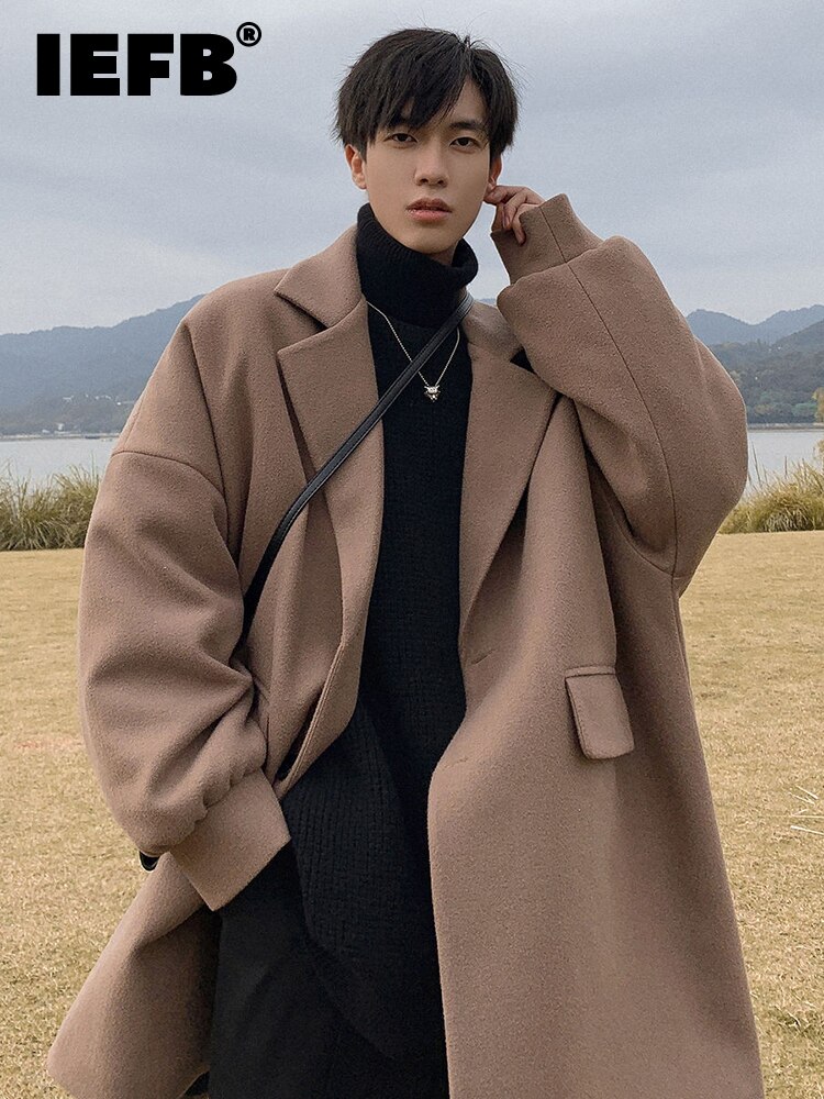 IEFB – manteau en laine de chameau noir pour homme, pardessus en Tweed à boutonnage simple, ample, mi-long, col de costume, vêtements épais, automne hiver