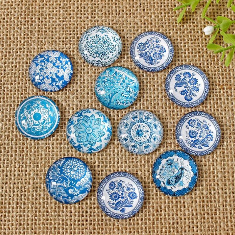 Cabujones de cúpula de cristal de porcelana azul y blanca para fabricación de joyas, gemas estampadas, Media redonda, manualidades, DIY