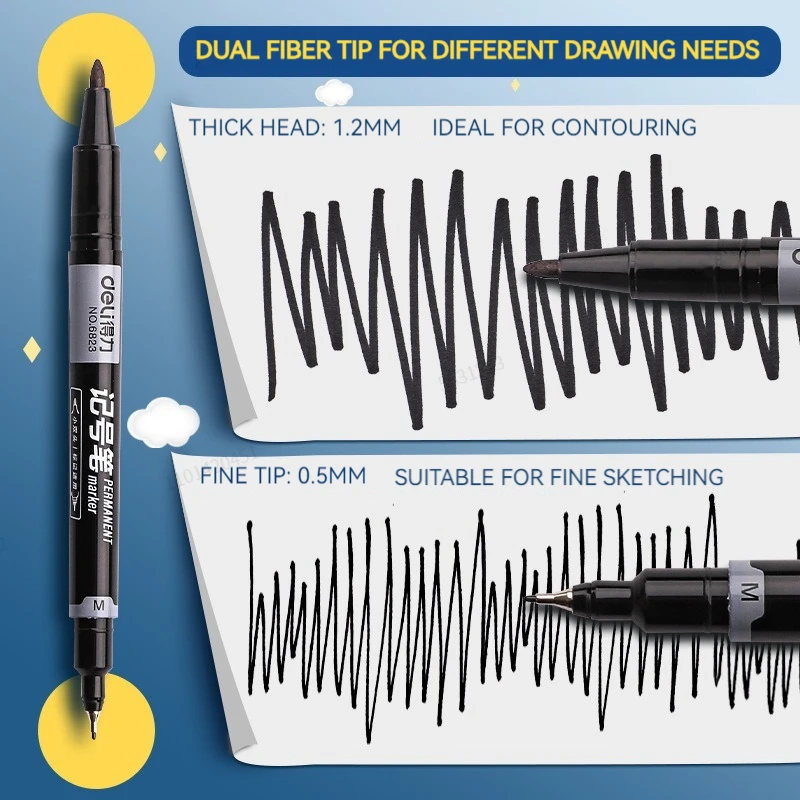 Deli 5/9pcs Twin Tip Permanent Marker Pens 0.5-1.2mm Nib Waterproof Ink Oily Black Ink Fine Point Paint Marker Pen Stationery