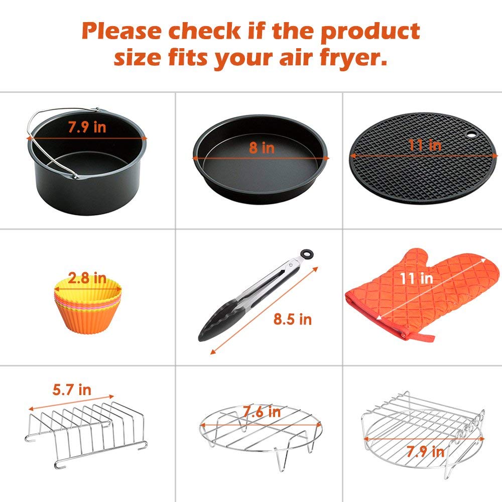 Air Fryer Accessories 8 Inch for 5.8 qt XL Air Fryer, 9 pieces for Gowise Phillips and Cozyna Air Fryer, Fit 4.2 qt to 5.8 qt,