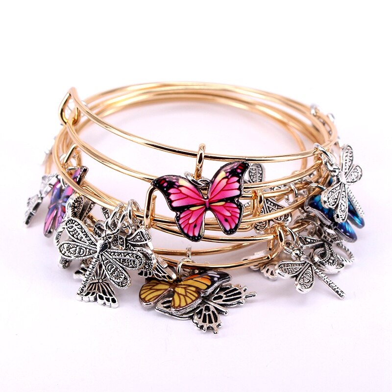 5Pcs Bangle Set Draad Armbanden Voor Vrouwen Meisjes Juwellen Vlinder Dragonfly Boog Bedels Armbanden Manchet Jewlery C044