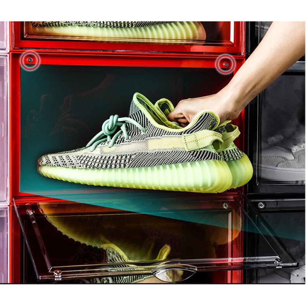 Magnetic Shoes Case Thicken Acrylic Shoes Box Flap Cover Style Shoe Storage Holder Stackable Box (Red, 36x28x22cm)