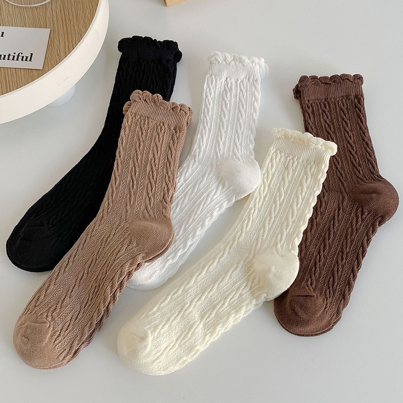 Calcetines de algodón de estilo japonés para mujer, calcetín con volantes, Color liso, negro y blanco, coreana