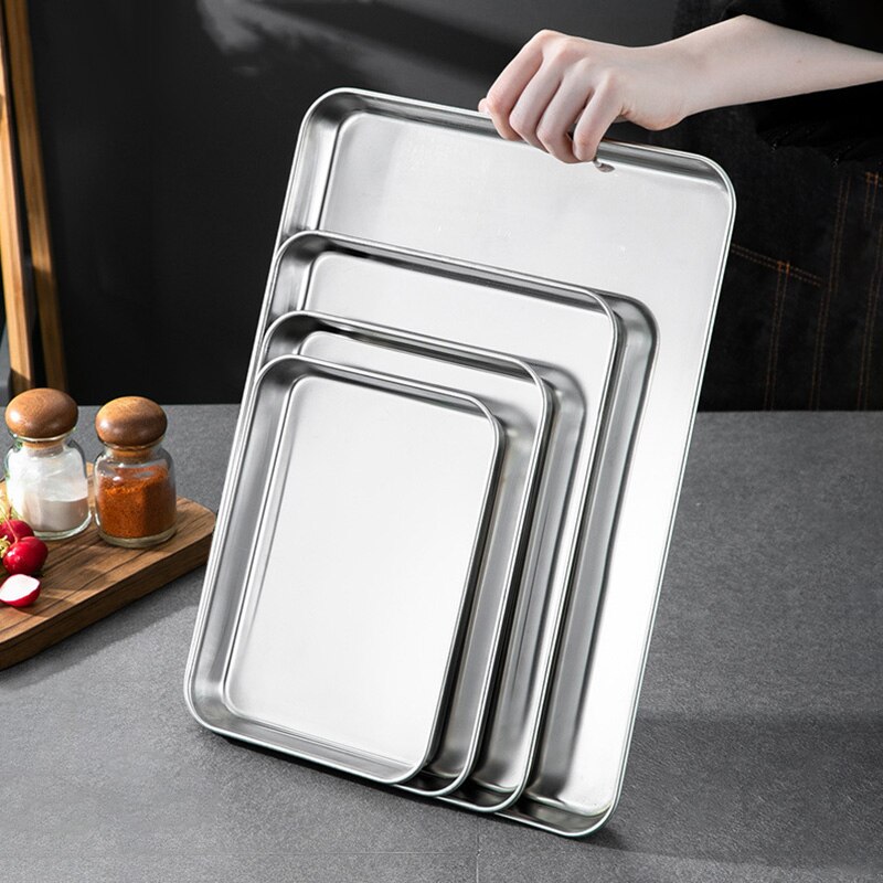 Stainless Steel Rectangle Food Storage Trays Steamed Sausage BBQ Roast Fish Plates Kitchen Bread Pastry Baking Dish Fruit Pans