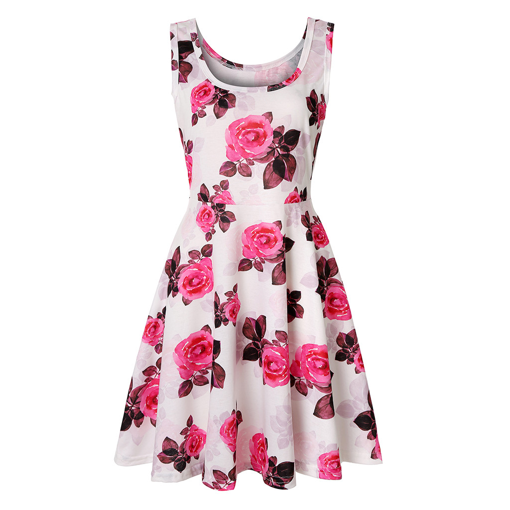 Vrouwen Mouwloze Bloemenprint Zomer Strand EEN Lijn Casual Dress Party Dress2019 vrouwen mode print jurk: WHITE / XXL