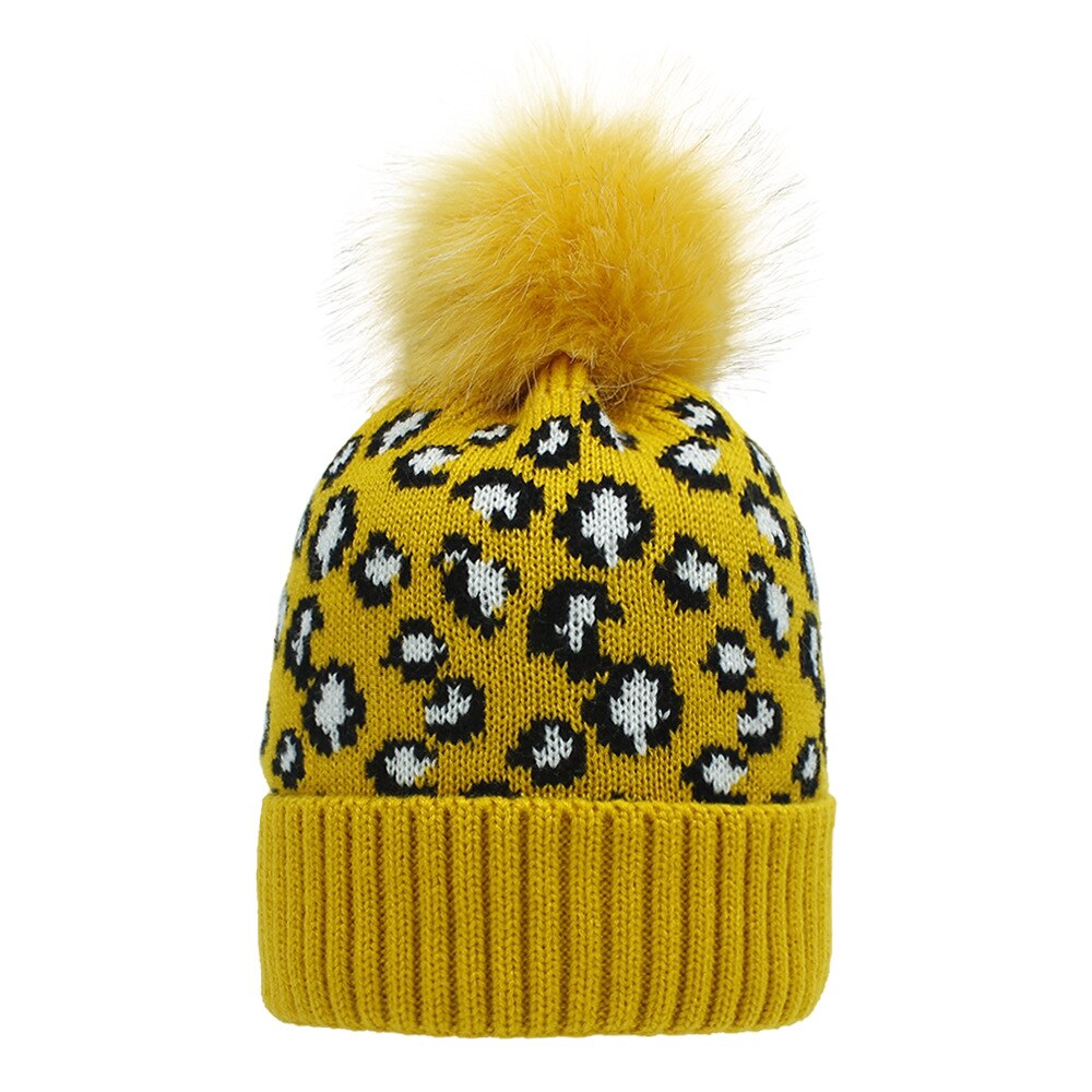 Gebreide luipaard mutsen dames pompon pompom wintermuts met pompon muts pompons voor muts imitatiebont casual warme gebreide muts muts: Geel