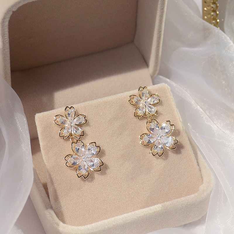 Super brillo de oro auténtico de 14k con doble flor para mujer, aretes ostentosos de circonia cúbica AAA, pendiente de tuerca, joyería de boda, colgante