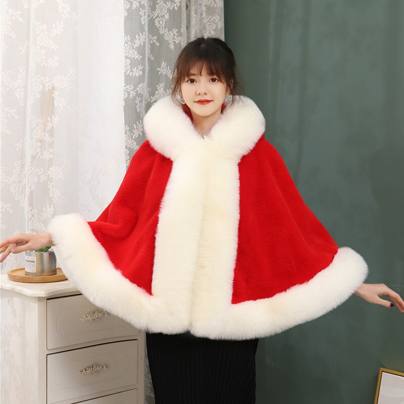 JaneVini bianco rosso pelliccia sintetica avvolgere da sposa inverno matrimonio donna scialle con cappuccio stola di pelliccia coprispalle mantello soprasse Fourrure Blanche Mariage: Rosso