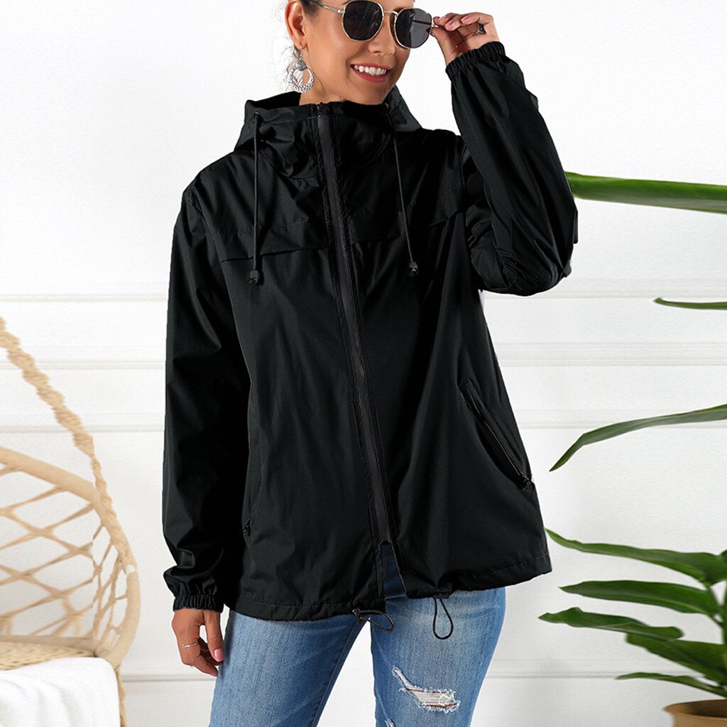 Jaquetas femininas chuva sólida ao ar livre impermeável com capuz capa de chuva à prova de vento jaqueta casacos casuais com zíper casacos casaco outwear