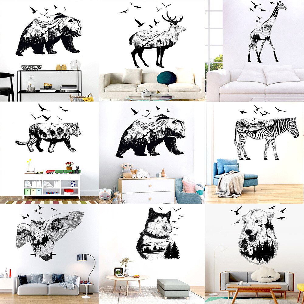 Black White Animal Silhouette Elk Zebra Eagle Horse Wolf Tiger Giraffe Wall Stickers Living Room Bedroom Decor Wallpaper
