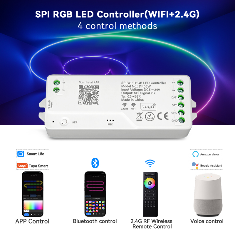 Tuya WiFi Addressable LED Controller WS2811 WS2812B WS2814 SPI RGBWIC RGBIC LED Strip Dimmer LED Controller 5-24V Pixel Strip