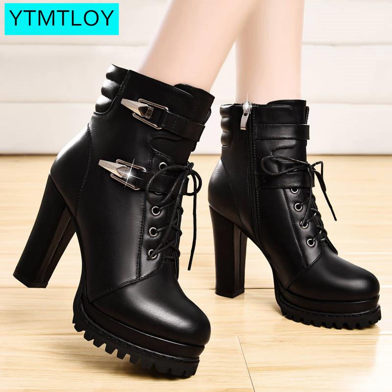 Ankle Boots Women Platform High Heels Female Lace Up Women's Shoes Buckle Woman Short Boot Ladies Footwear Leather Boots Women
