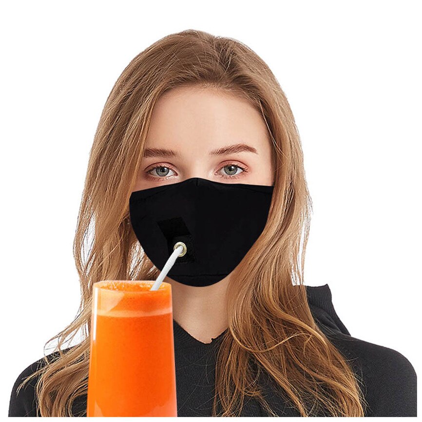 Adult Protect Dustproof Cotton Face Drinking with Hole for Straw Breathable washable straw cloth For Faces Protection: BK