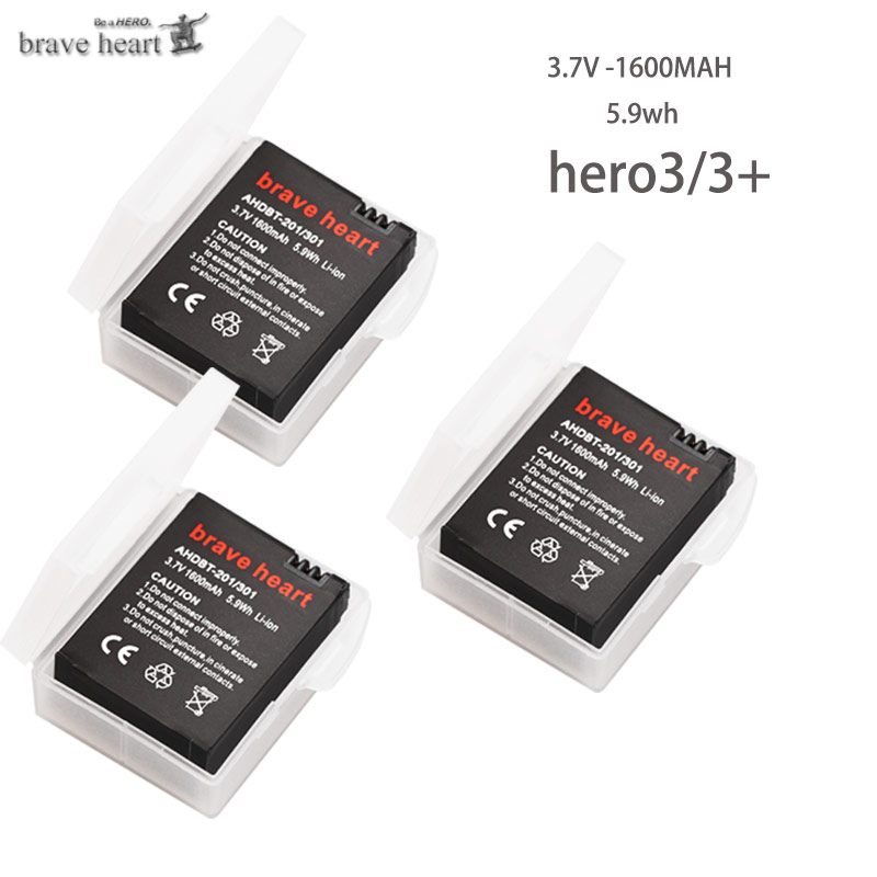 Høj kapacitet bateria hero 3 gopro hero 3 batteri + type-c usb-oplader + batterikasse til gopro go pro hero 3 3+  kamera tilbehør: 3 batterier
