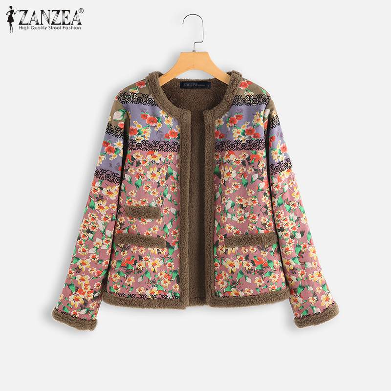 Vintage Open Voorzijde Pluche Pluizige Jassen ZANZEA Winter Bloemen Gedrukt Jassen Vrouwen Lange Mouw Uitloper Vrouwelijke Jas Chaqueta