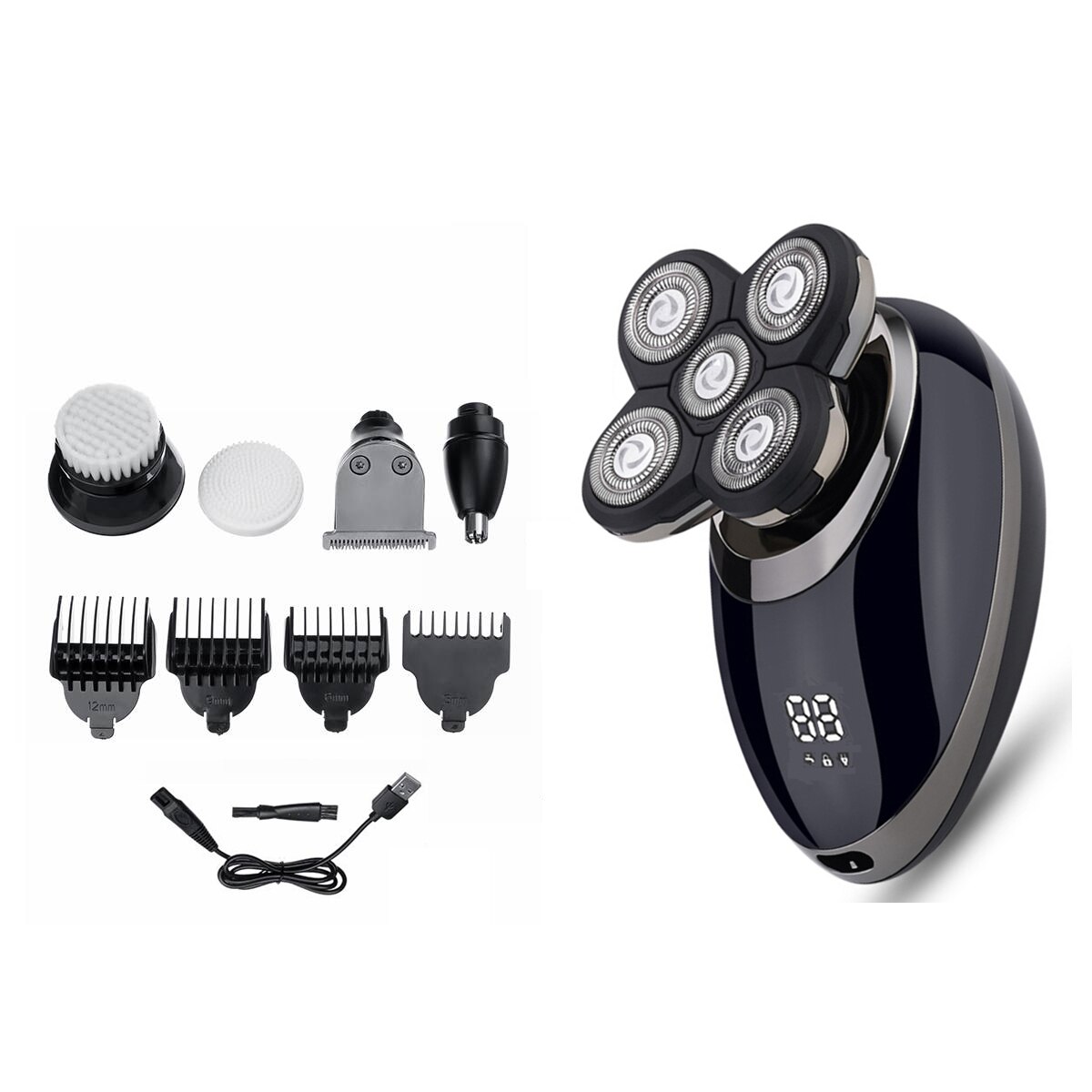 Rasoir électrique pour hommes, rasoir pour tête chauve, LED affichage, tondeuse du nez, tondeuse à barbe poils, brosse de nettoyage du visage, Rechargeable via USB: 5 Heads