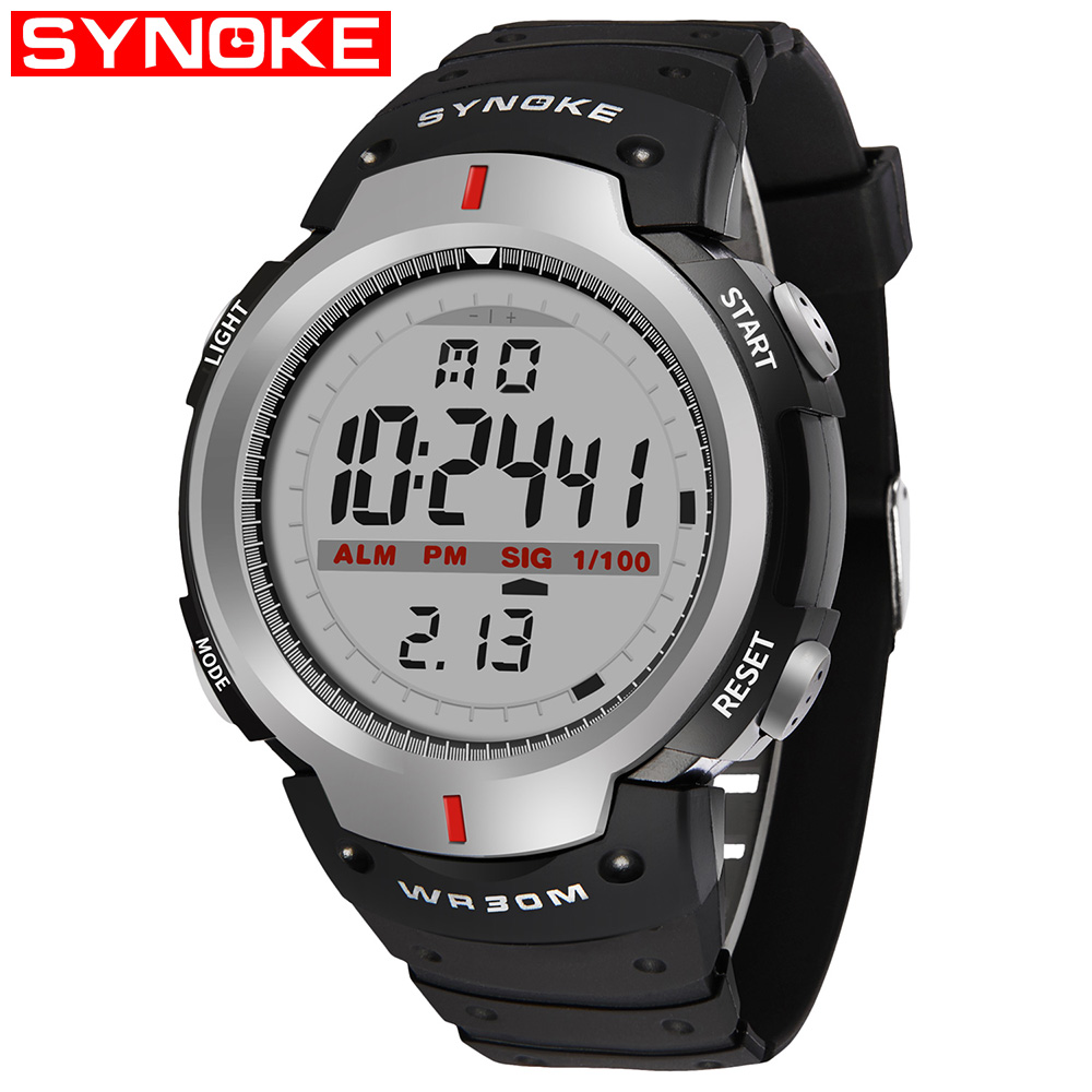 SYNOKE mannen Horloge 30M Waterdichte Elektronische LED Digitale Horloge Mannen Outdoor Heren Sport Pols Horloges Stopwatch Relojes Hombre: Sliver