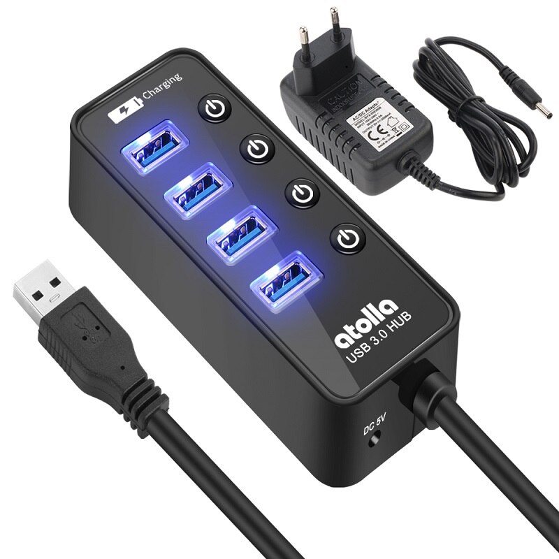 Atolla Usb 3.0 Hub Met Power Adapter, 4 + 1 Data-overdracht En Opladen Multipoort, high-Speed 5Gbps Usb Splitter Voor Macbook Air: 4 port black With EU