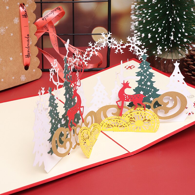 3D Pop-up Greeting Cards Post Cards For Christmas Day Party Decoration Santa Claus Christmas Deer Greeting Card