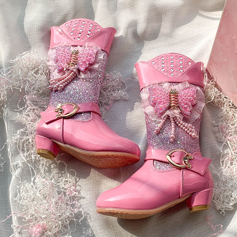 ULKNN bottes en cuir pour filles enfants talons hauts mignon Bow rose princesse chaussures 4-16 ans étudiants décontracté bout rond