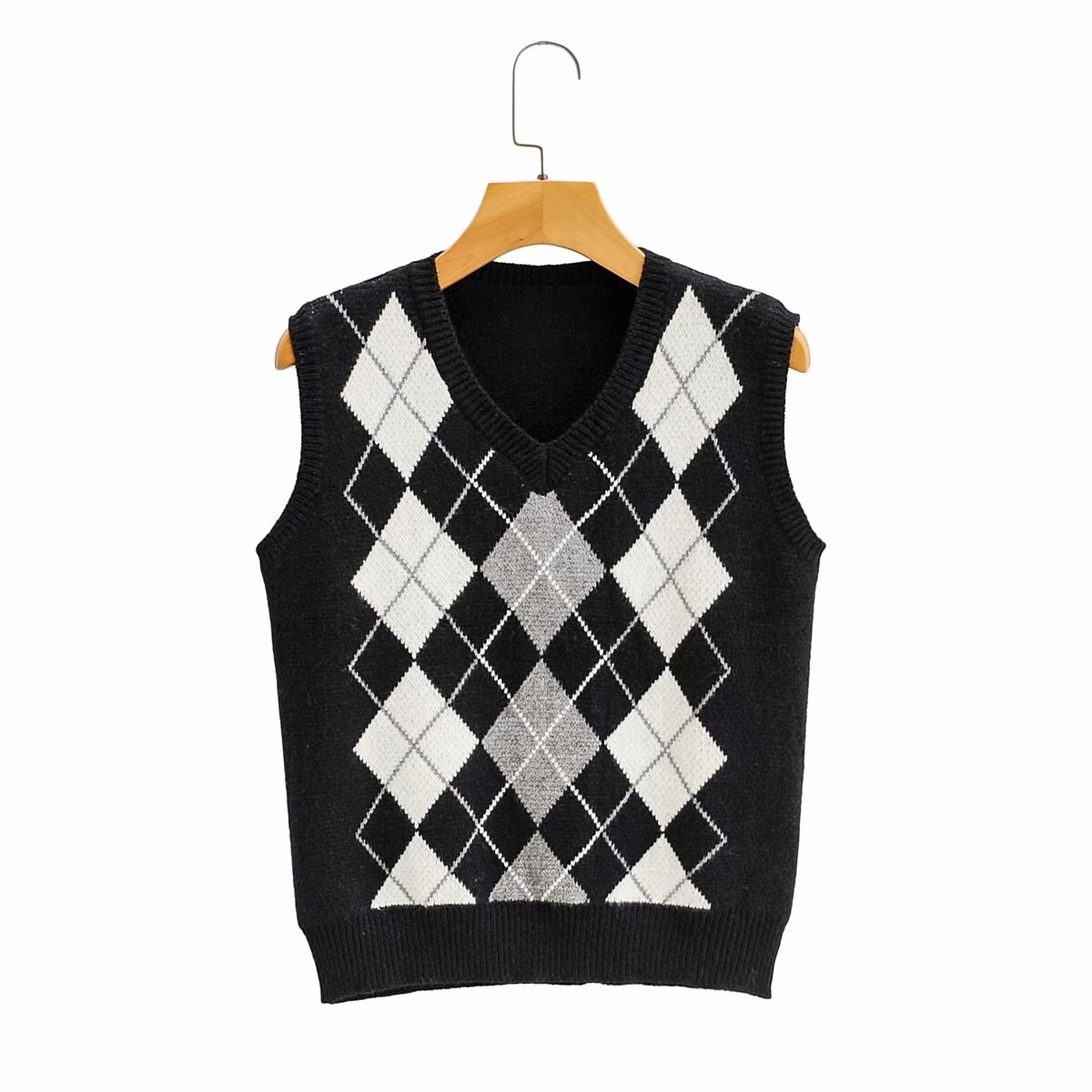 Efterårsstrikket tanktop kvinder vintage argyle sweater vest kvinder strik vest top cropped sweater veste plaid koreansk vest v-hals