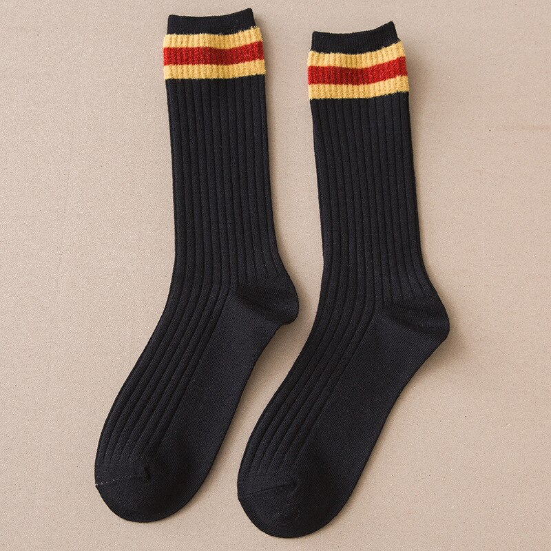 Women Mid Tube Stockings College Style Solid Stripes Socks Breathable Long Socks Bright Color School Style Slender Leg Socks: black