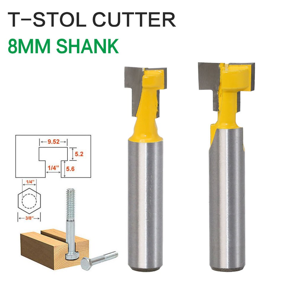2 stks/set 1/4 Inch Schacht T-Slot Keyhole Cutter Hout Router Bit Carbide Cutter Voor Hout Hex Bolt T -Track Steken Frezen: 2pcs 8mm shank