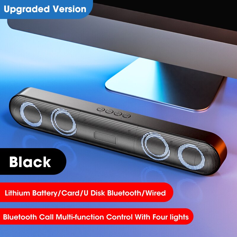Bluetooth 5.0 Home Loudspeaker Box 360° Surround 6D Soundbar Speakers Stereo Subwoofer Sound Bar for PC Laptop Cool Lights Mode: Black 1