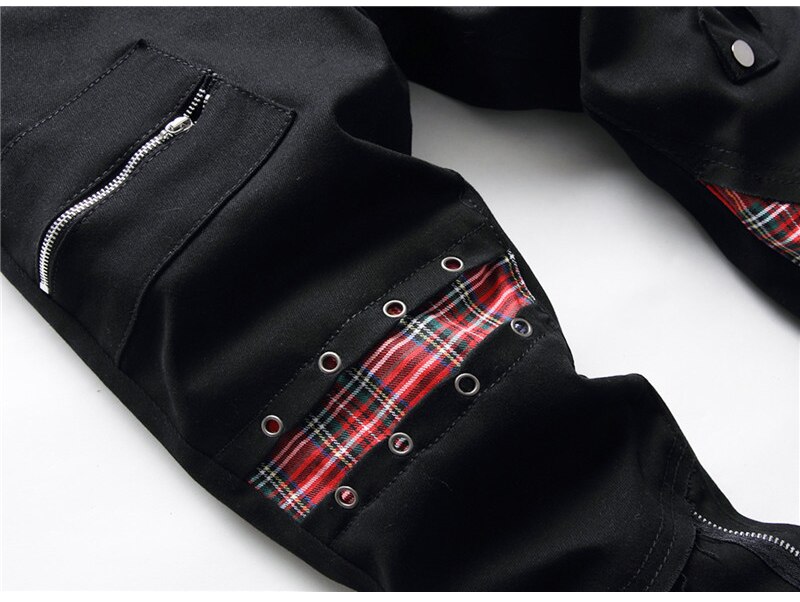 Pantalones vaqueros ajustados con remaches para hombre, cuadros escoceses con mosaico de vaqueros negros a la , estilo Punk Rock, 5506