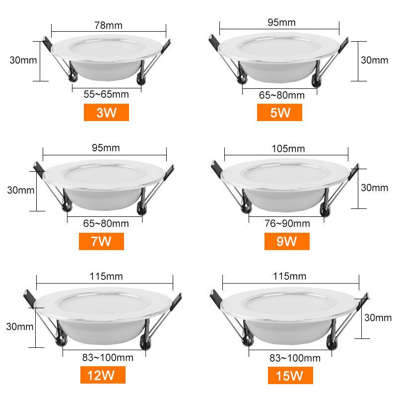 Spot lumineux LED encastrable rond pour le plafond, éclairage d'intérieur, lumière blanche chaude ou froide, 3/5/7/9/12/15W, 220/240V, 10 unités