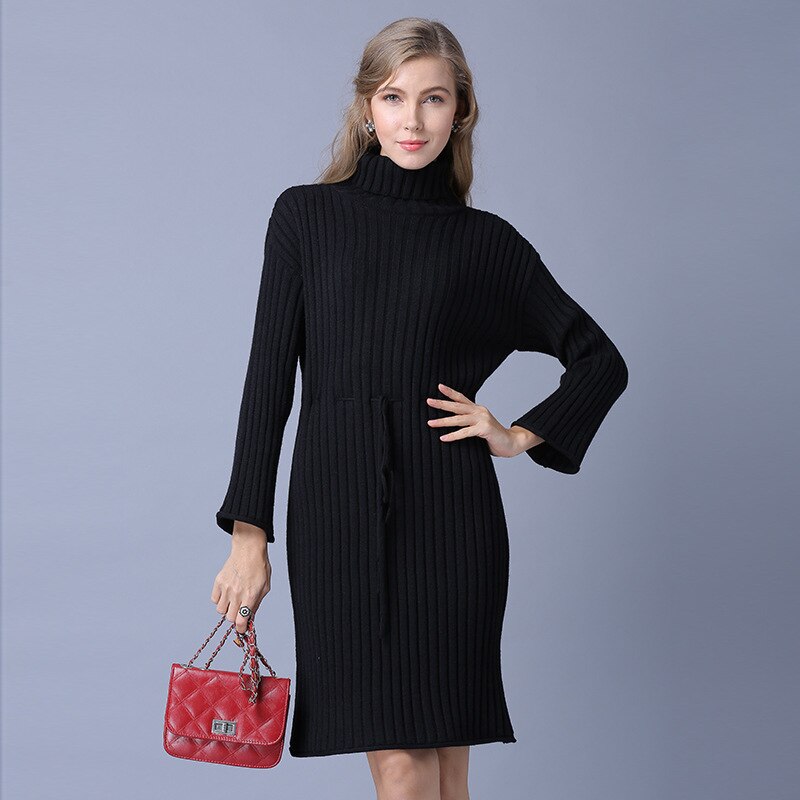 Winter Women Sweater Pullovers Long Sleeve Pullover Jumper Turtleneck Knitted Female Soft The Waist Dress: Black