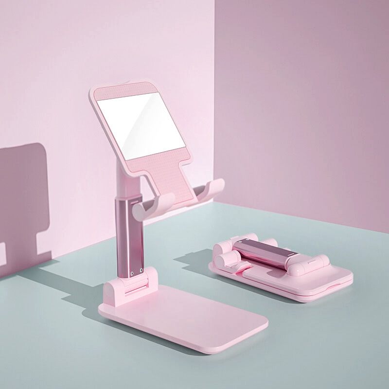 Hopfällbar surfplatta hållare stativhållare för ipad pro 11 10.5 10.2 9.7 mini 3.5 to 11 tum mobiltelefon surfplatta stöd rosa med glas