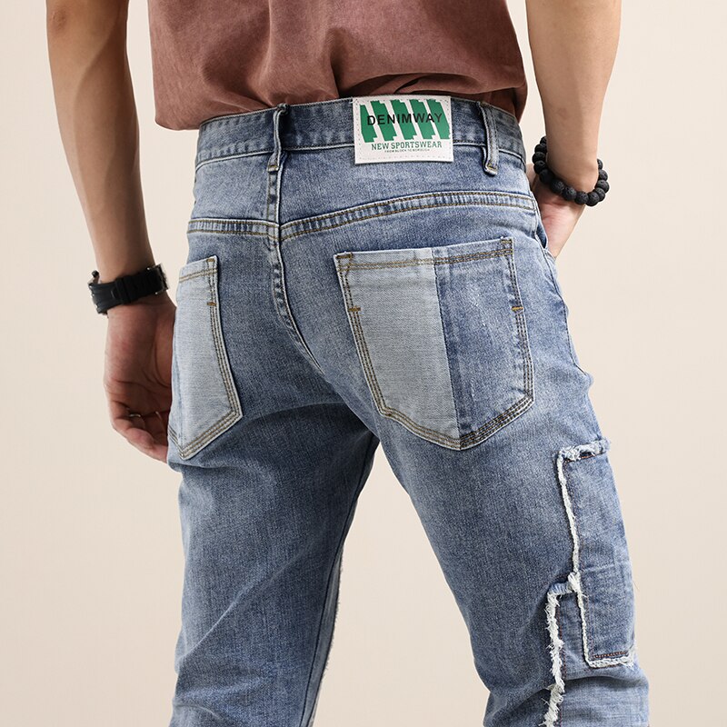 Embroidered Camouflage Patch Jeans Men Splicing Streetwear Male Wear Ripped Hole Skinny Jeans Denim Trousers