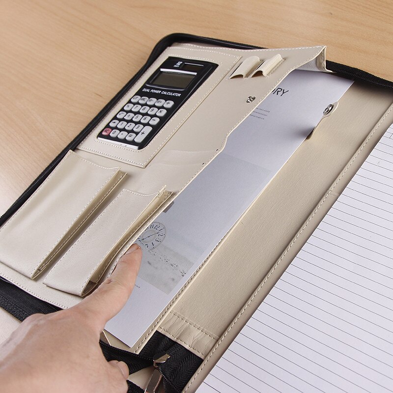 A4 Portable File Folder with Calculator Binder Organizer Manager Office Document Pad Briefcase PU Leather Padfolio Bag